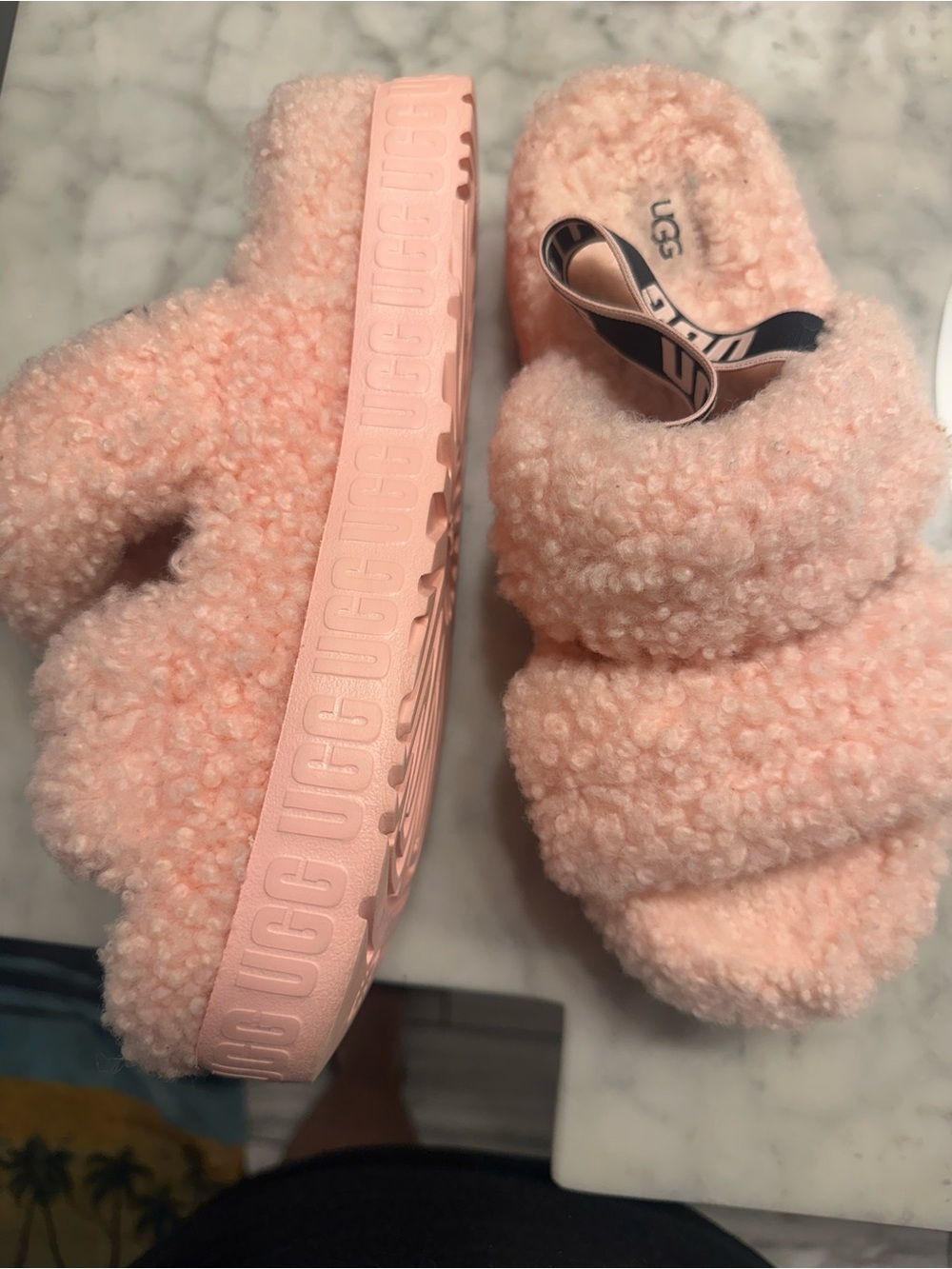 UGG Pink Fluff Slide Shearling Platform Slippers WORN ONCE